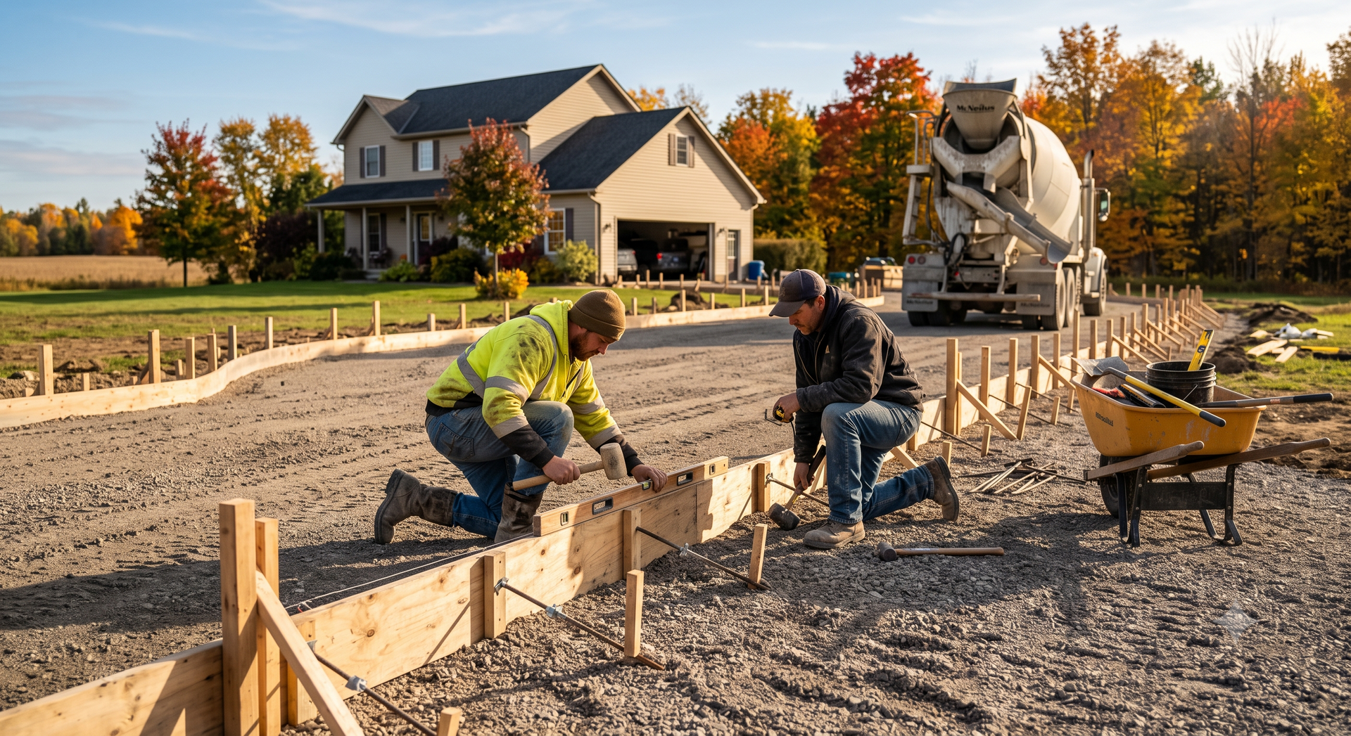 Concrete forming crew leveling wooden forms for a driveway in Stratford Ontario