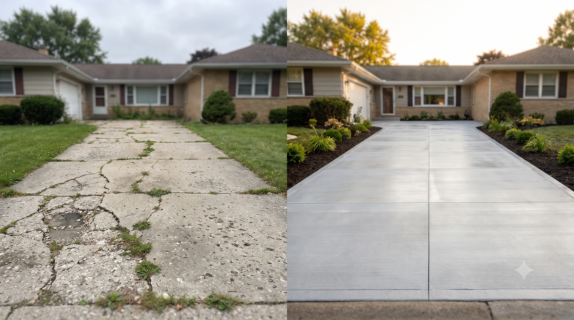 Before and after view: a broken concrete driveway replaced with smooth, new concrete paving.