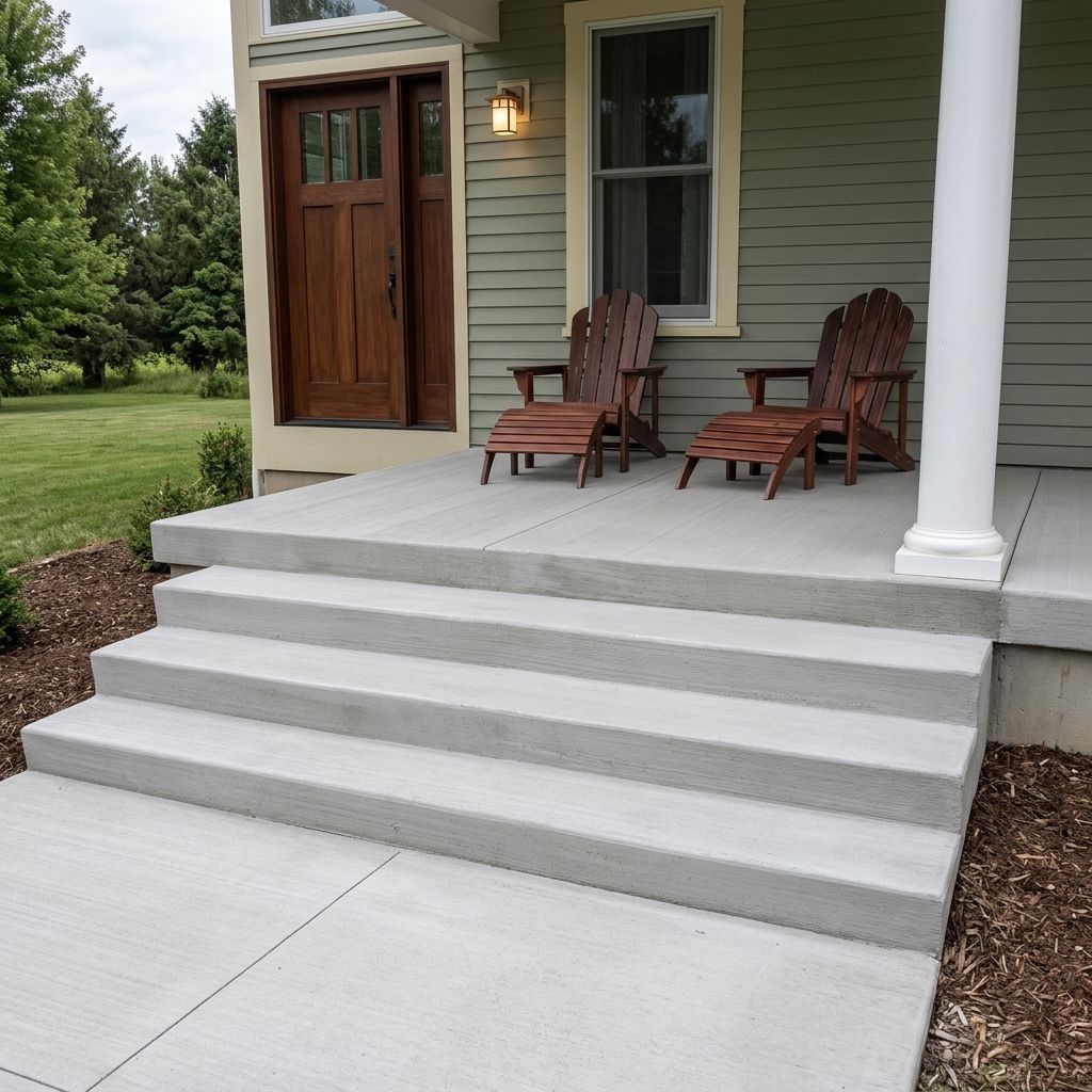Clean concrete steps and porch on a craftsman-style home with Adirondack chairs