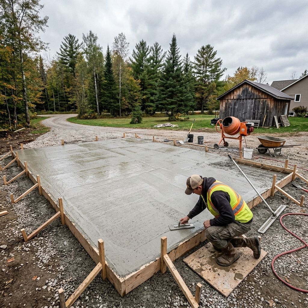 Concrete contractor smoothing a freshly poured concrete slab with a hand float