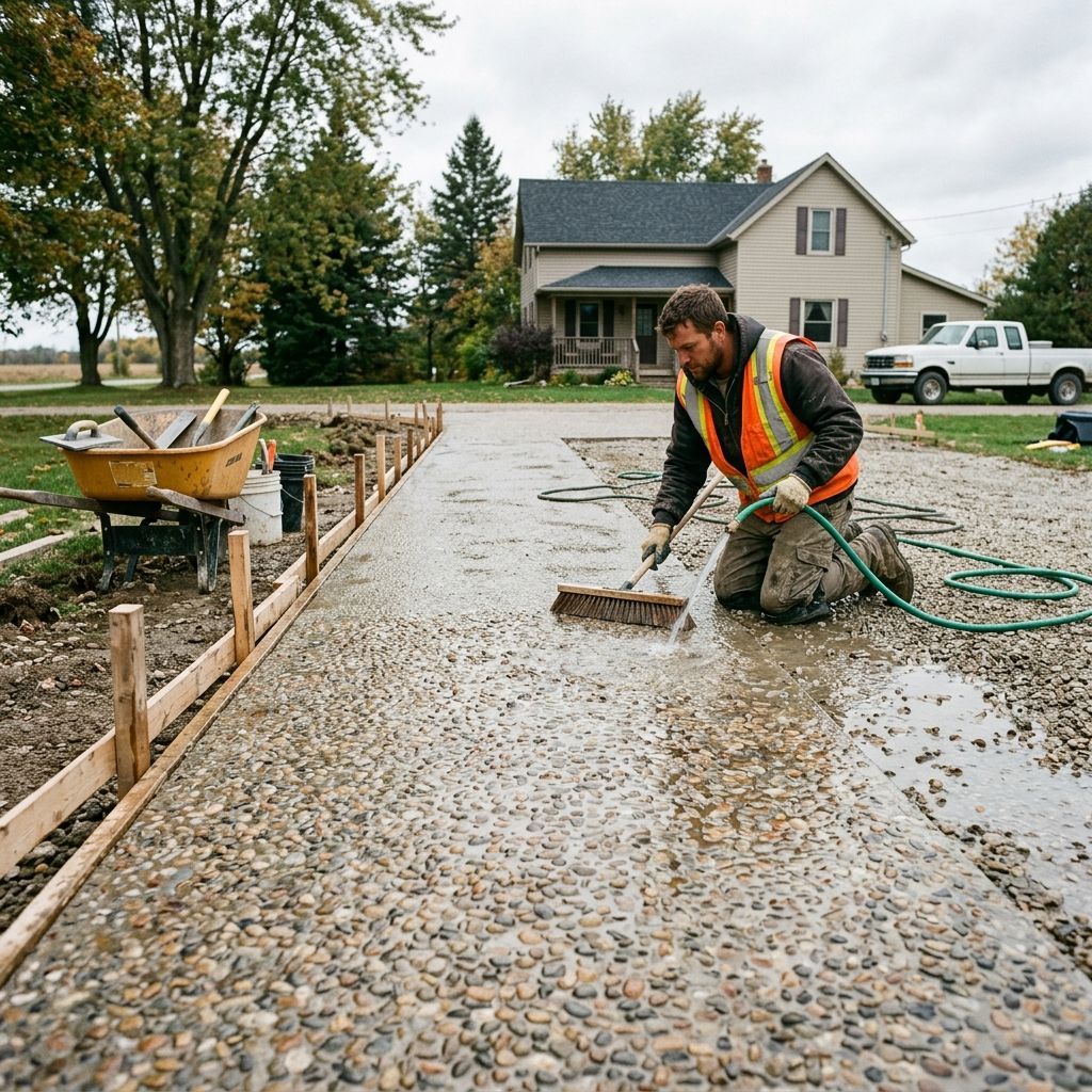Concrete contractor finishing an exposed aggregate driveway with a brush and water hose