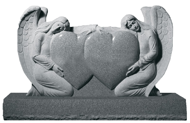 Stone sculpture of two kneeling angels holding a heart-shaped monument on a base