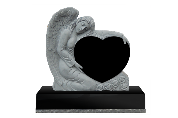 Gray angel figurine holding a black heart on a black base