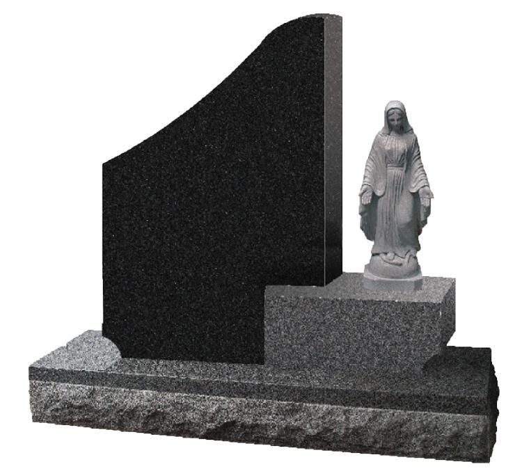 Granite memorial monument with a curved black headstone and a small religious statue on a stepped base