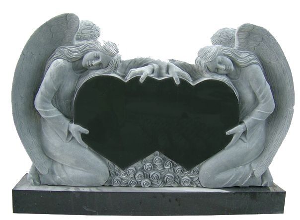 Gray stone gargoyle statue holding a heart-shaped frame on a black base