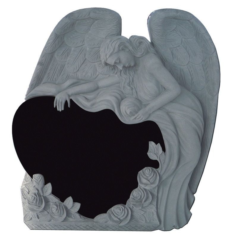 Gray angel statue with wings framing a large black oval opening, decorated with roses and a small dove.
