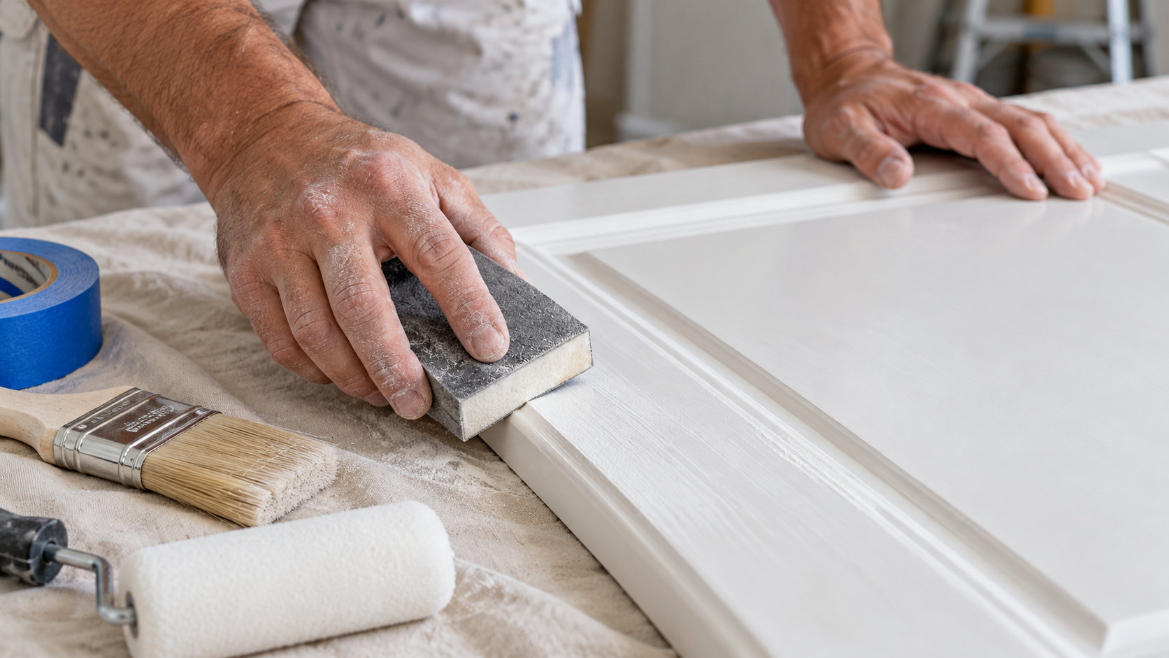  Painter sanding a removed kitchen cabinet door on a protected work surface before painting