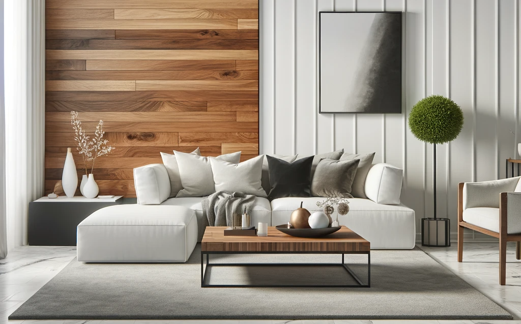 a living room with a white couch and a wooden wall