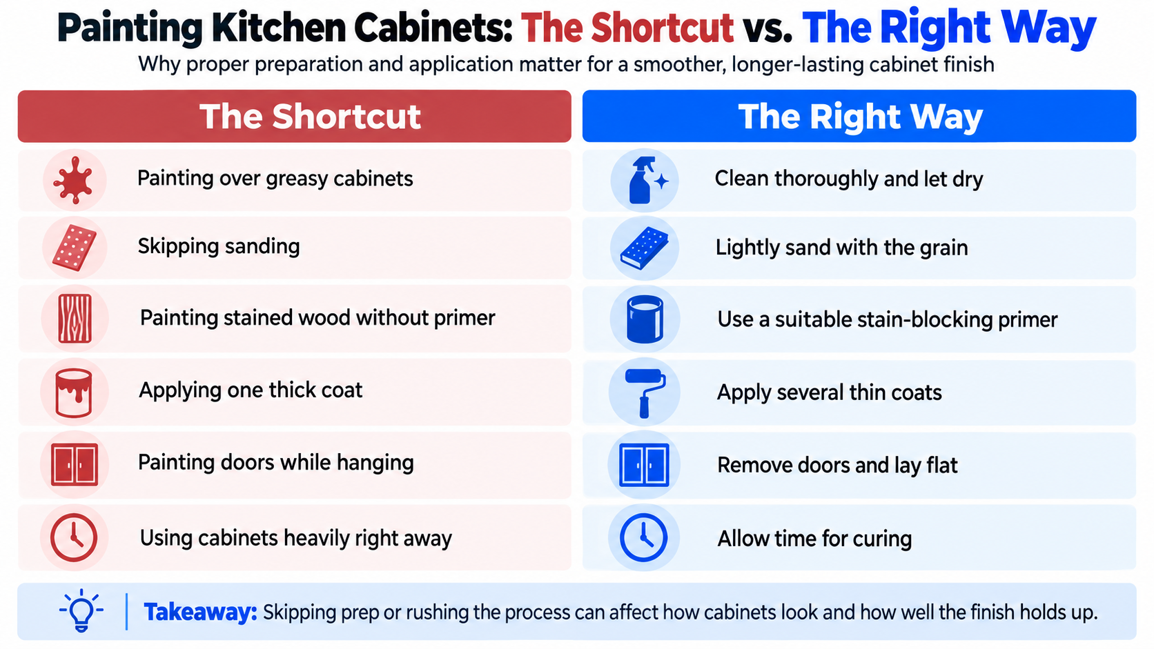 Infographic comparing six common cabinet painting shortcuts with proper cleaning, sanding, priming, painting, and curing methods