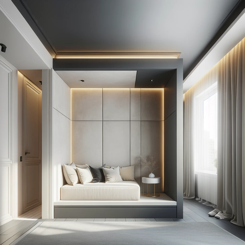 a bedroom with a couch in the middle of it