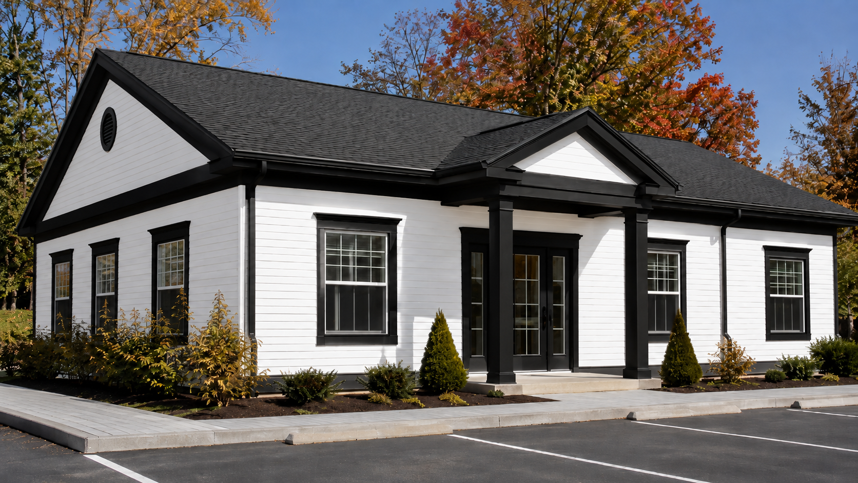 first commercial exterior color options — warm neutral with black trim 

