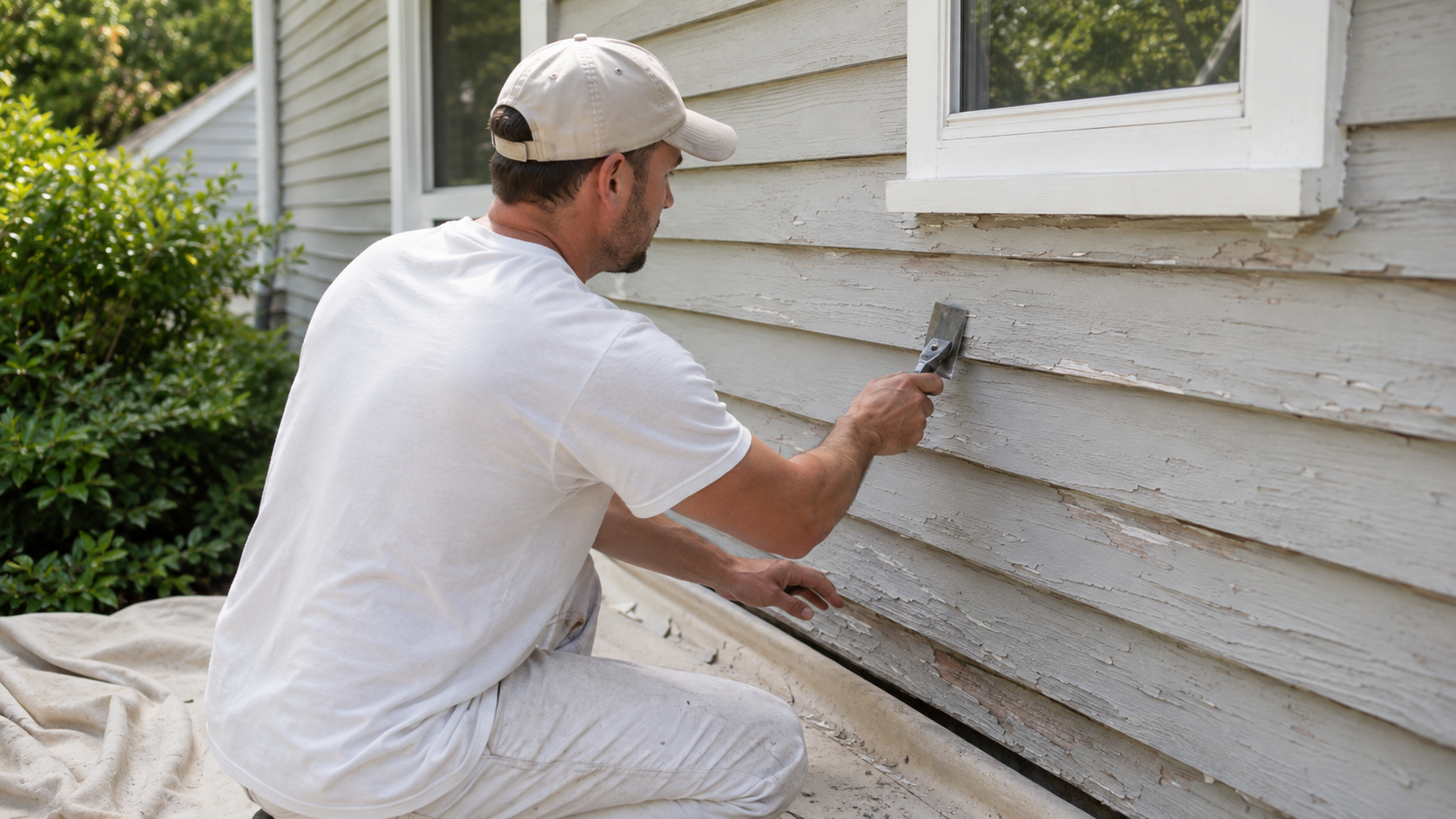 Surface prep on an older home before exterior painting in Longmeadow MA