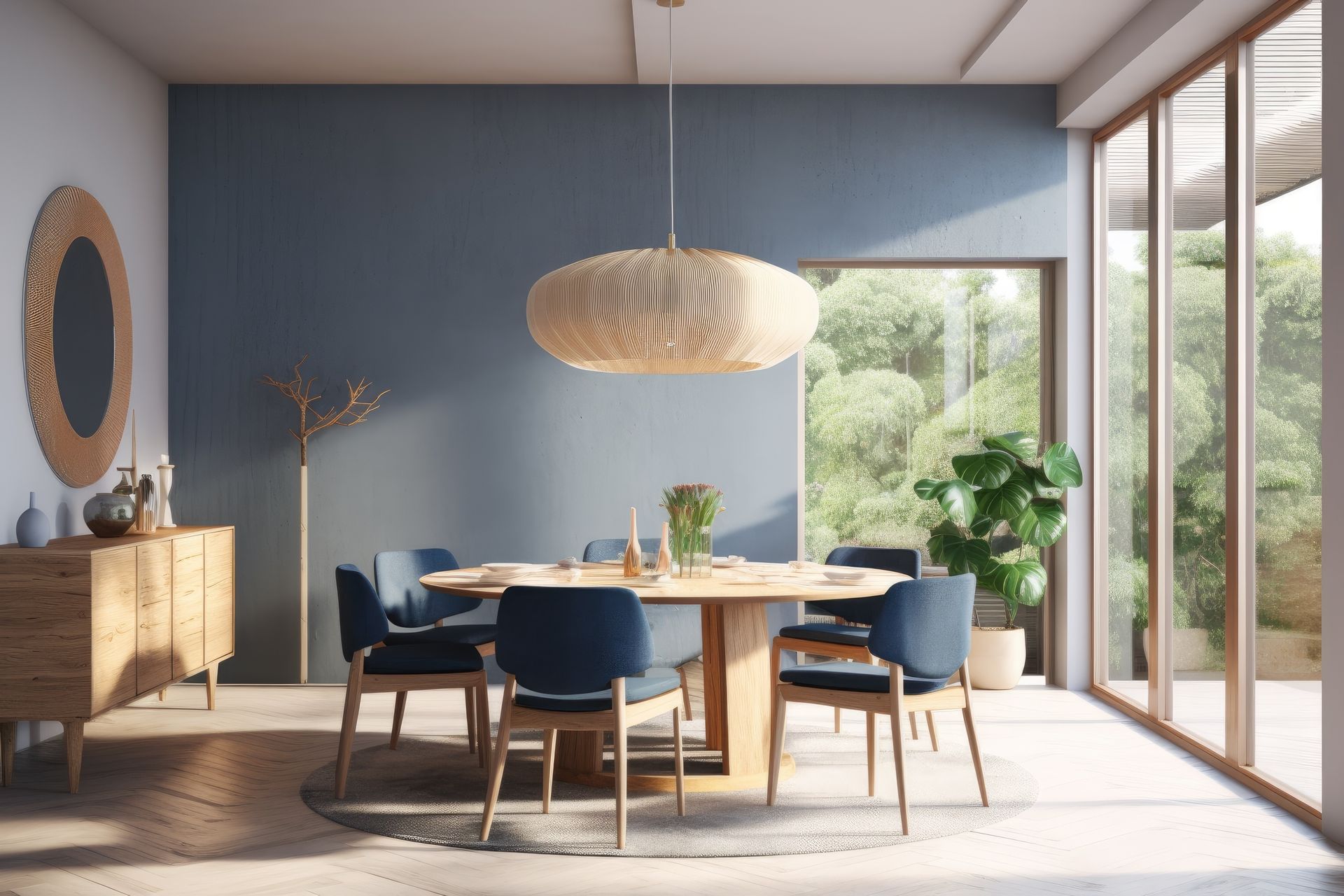 a dining room with a round table and blue chairs with blue accent wall