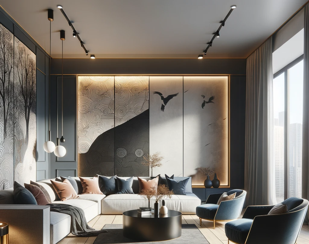 a living room with a couch and two chairs and creative textured accent wall