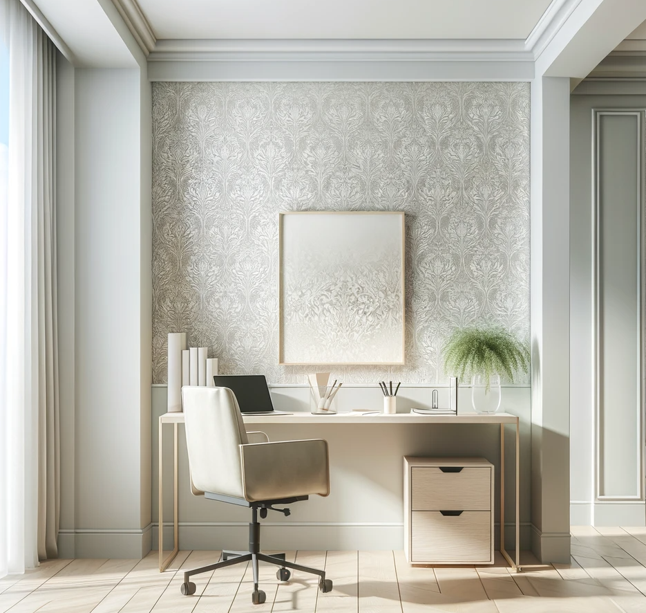a desk with a chair and a picture on the wall above it and wallpaper accent wall