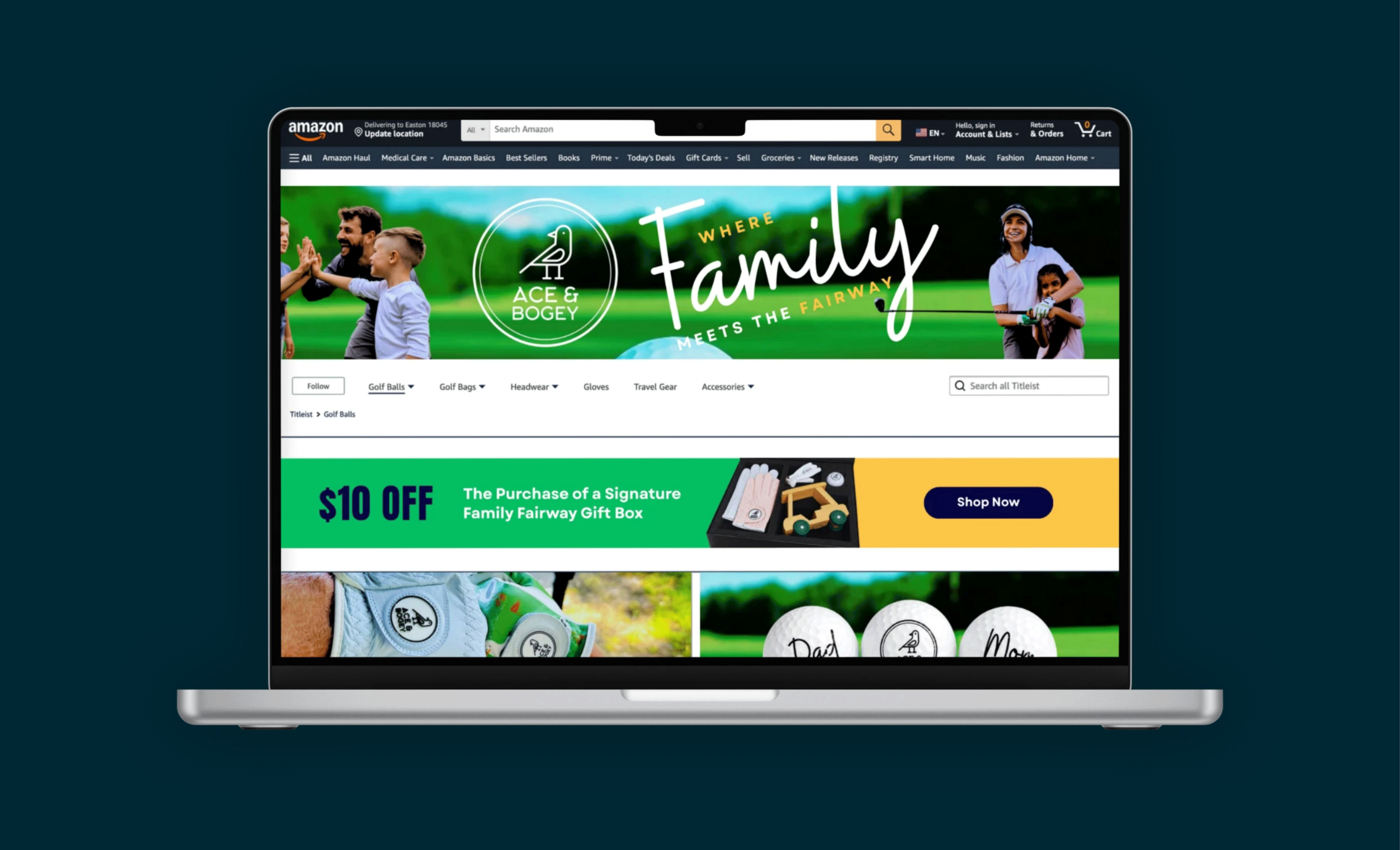 Laptop displaying an Amazon storefront with a promotional banner.