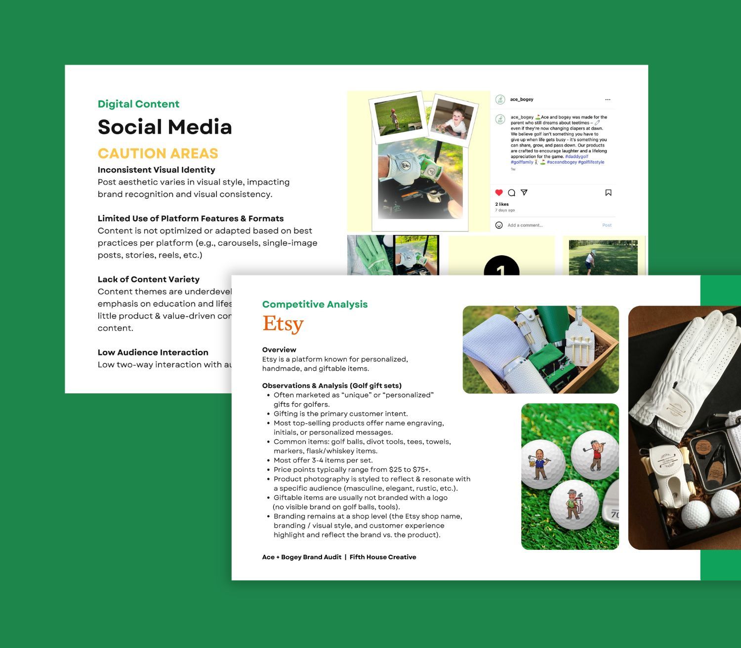 Two overlapping presentation slide mockups with green, white, and black layouts