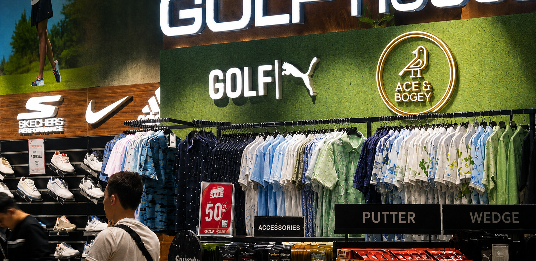 Golf merchandise display with brand logos in a store booth