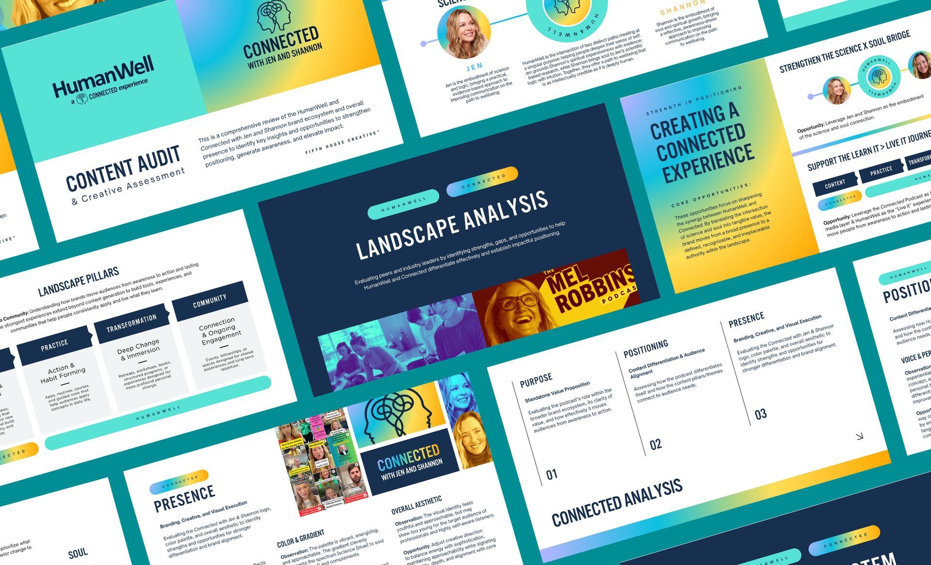 Colorful website design mockups with teal, yellow, and white panels and text blocks