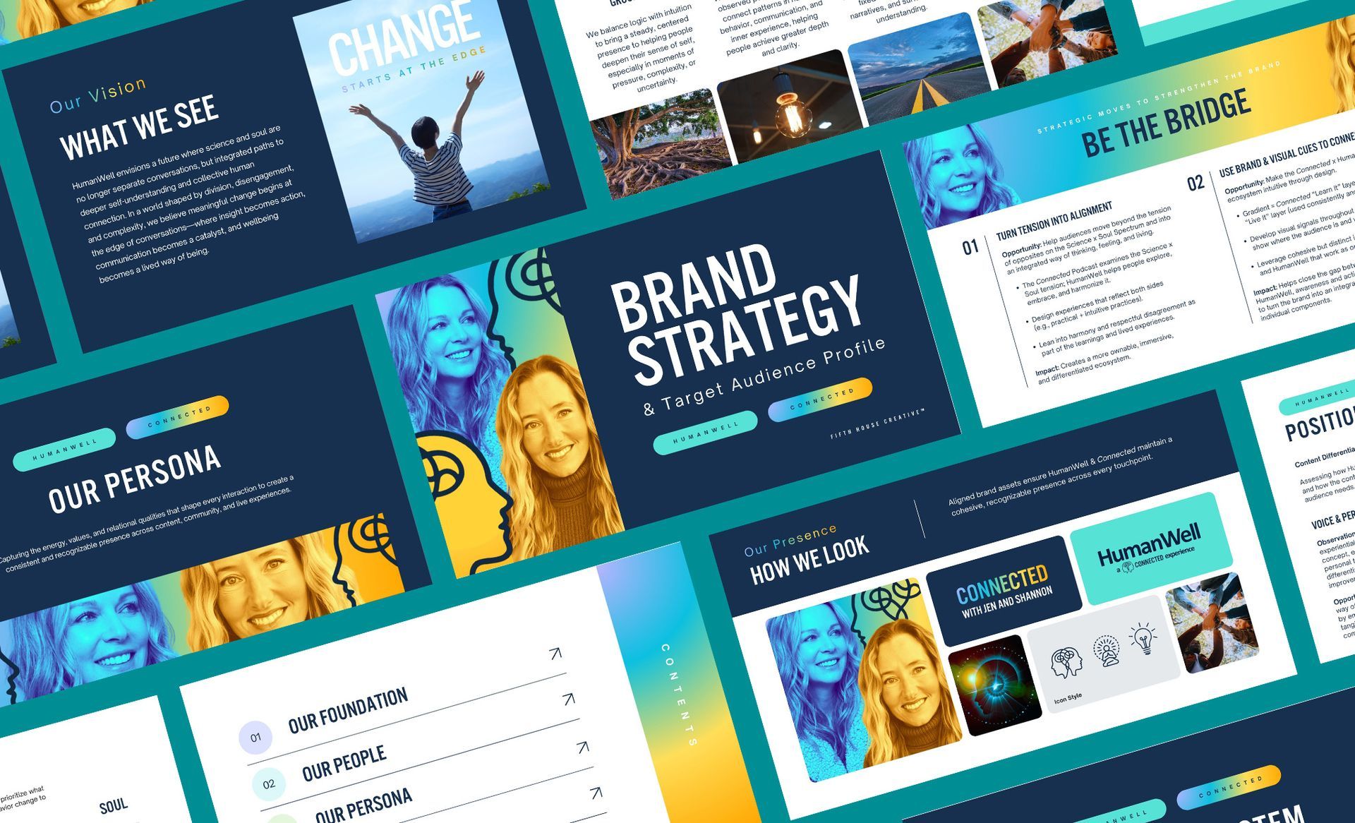 Collage of colorful marketing presentation slides with charts, photos, and bold “Brand Strategy” title.