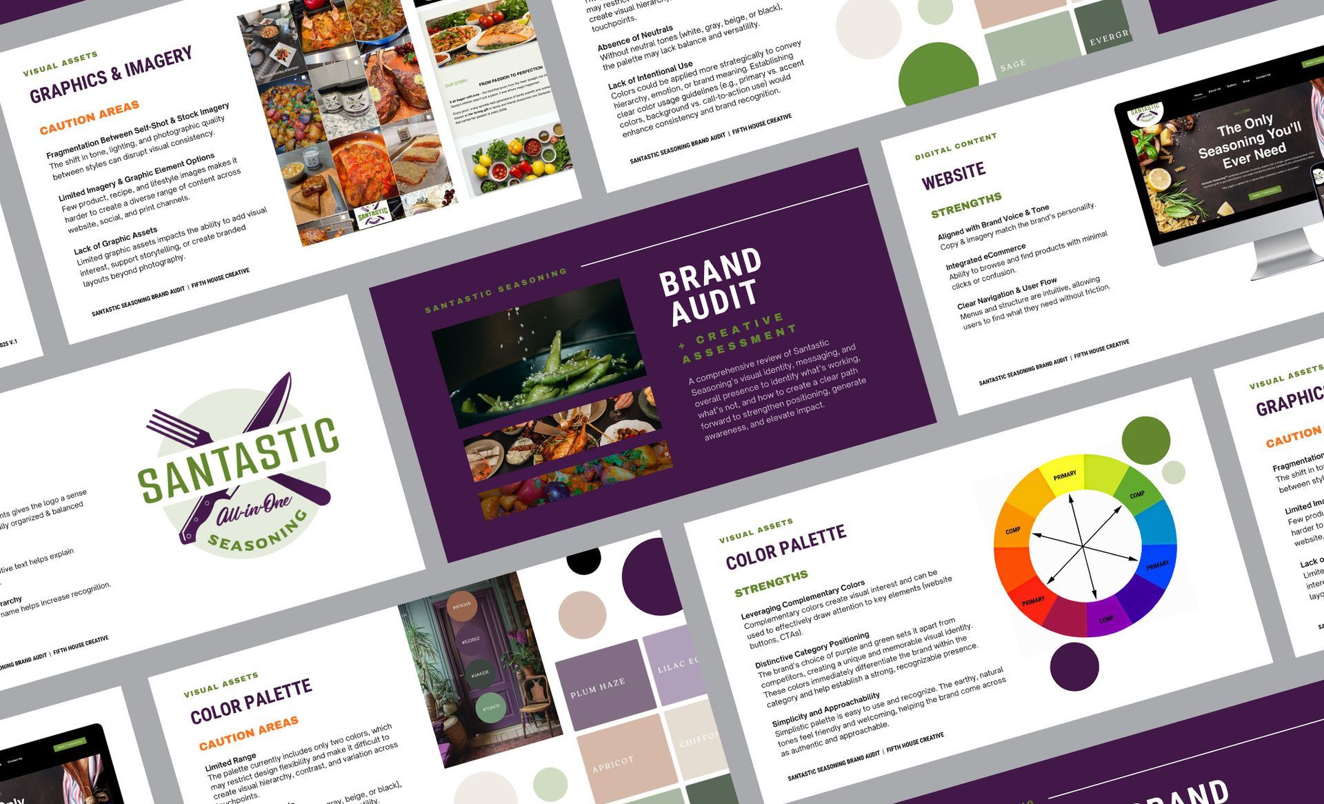 Collage of colorful graphic design portfolio pages with logos, layouts, and a color wheel