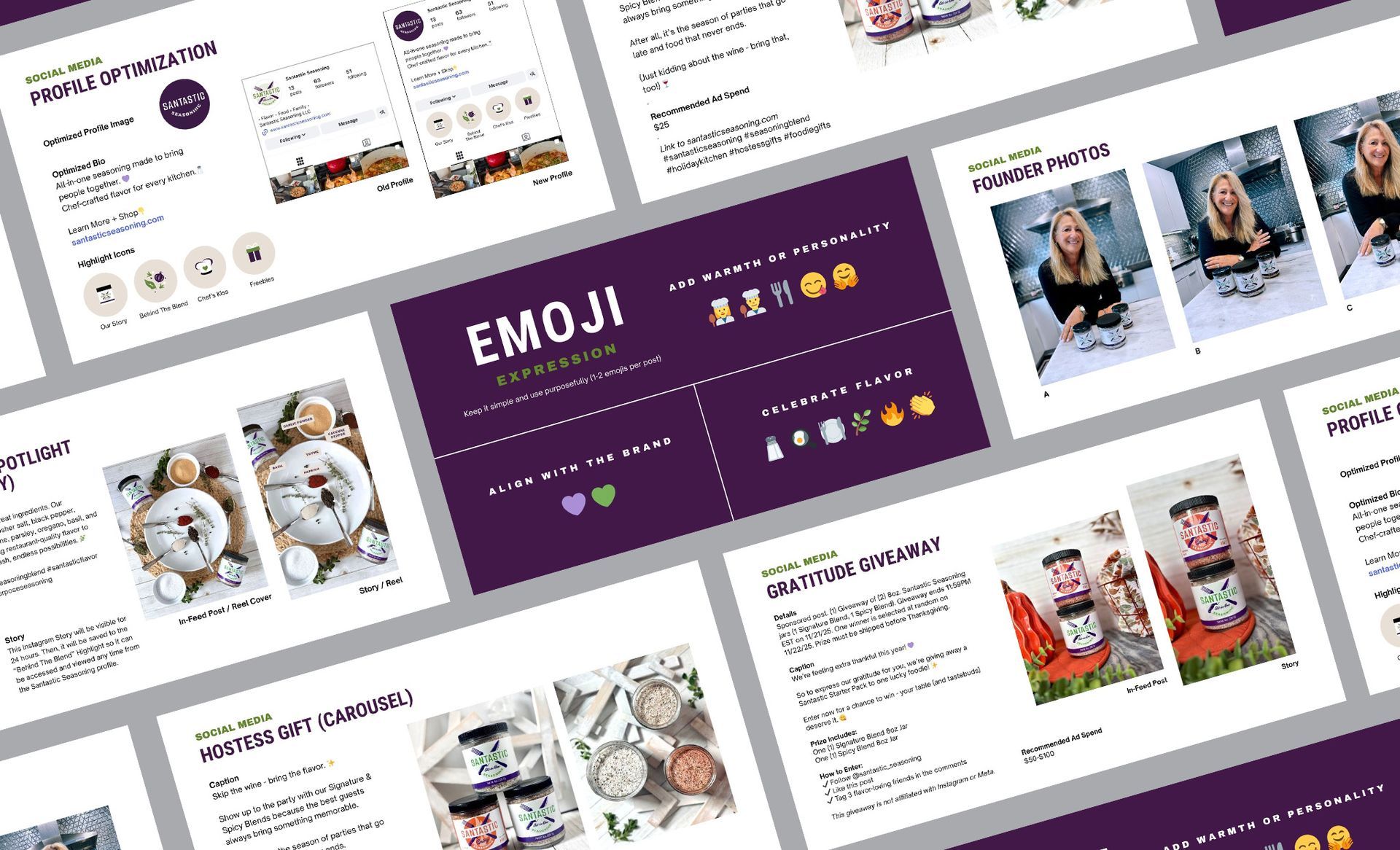 Collage of purple-and-white product and marketing mockups with photos, cards, and packaging on a tilted layout
