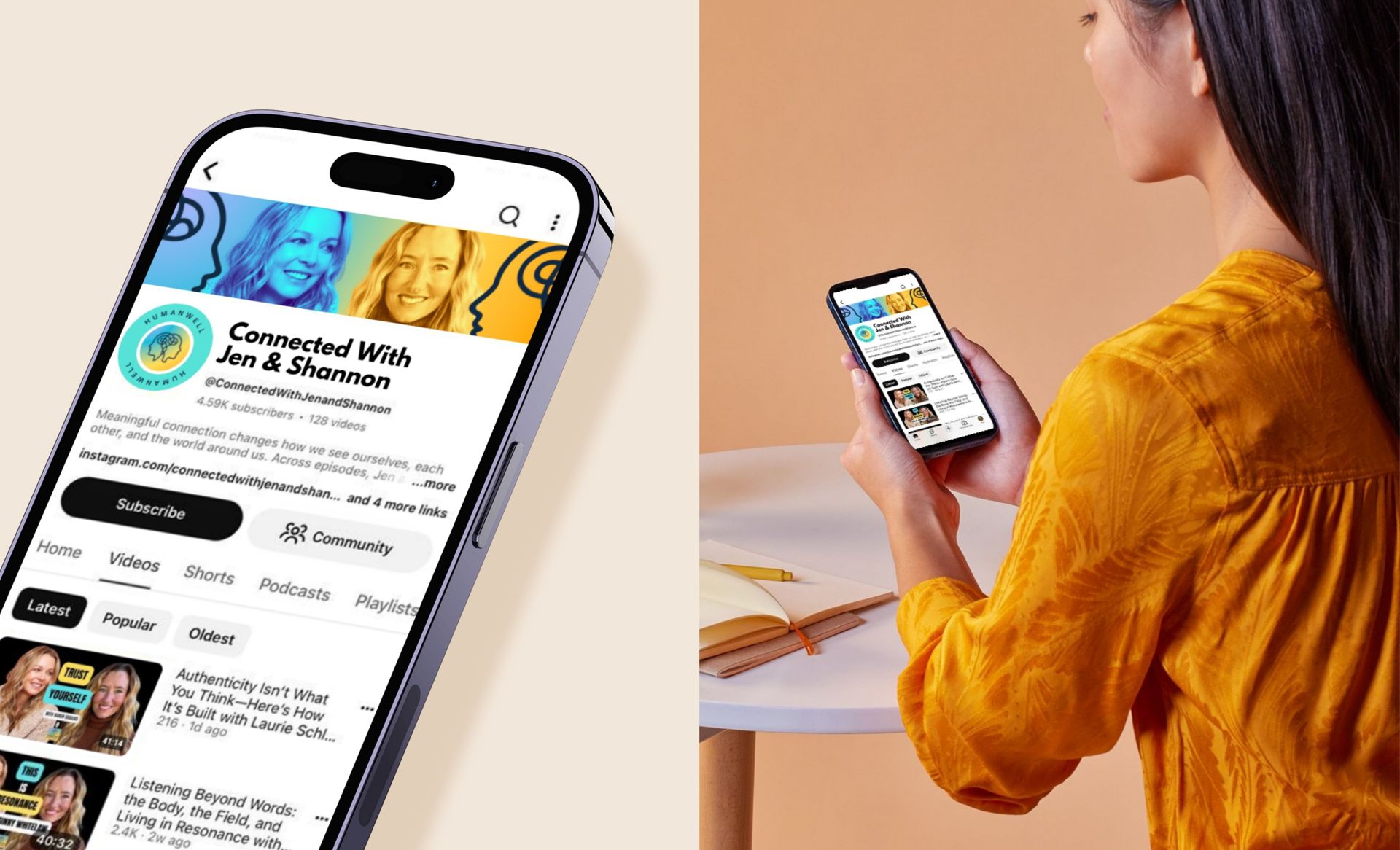 Person holding a smartphone showing a social media profile page, with a large phone screen graphic beside them.
