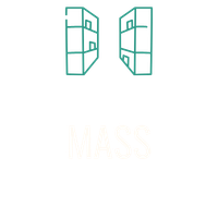 Green line-art icon of two mirrored buildings or cabinets on a white background