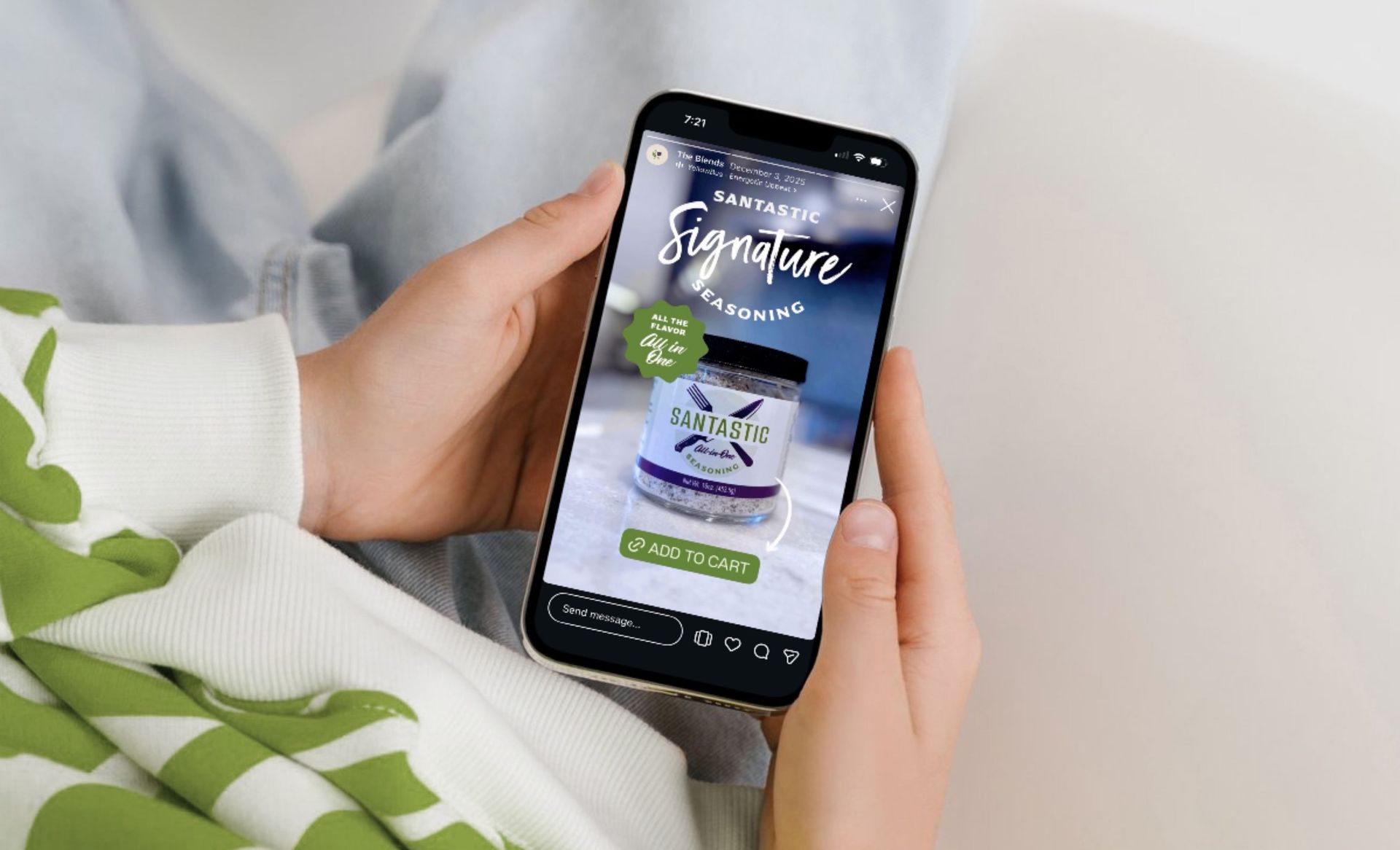 Hands holding a smartphone displaying a product page for a white herbal supplement container.