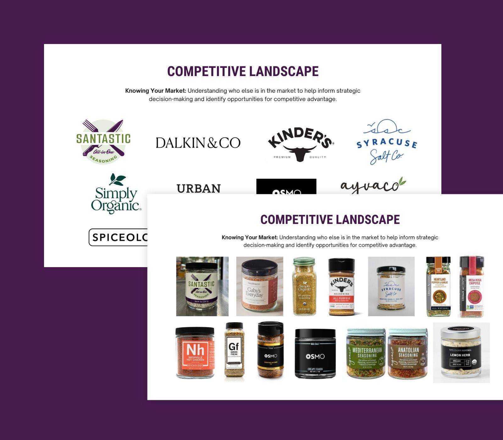Competitive landscape slide with brand logos above and rows of product jars and bottles below on a white panel.