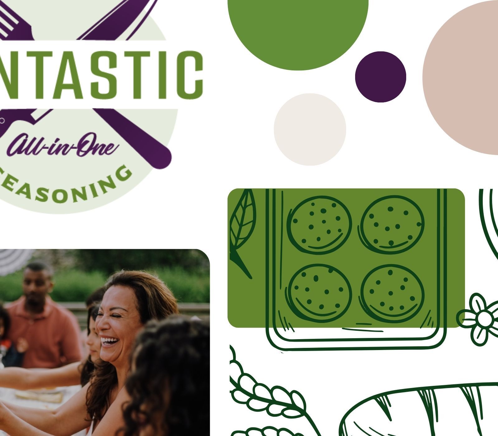 Green-and-purple seasoning packaging with illustrations and a small photo of people smiling outdoors