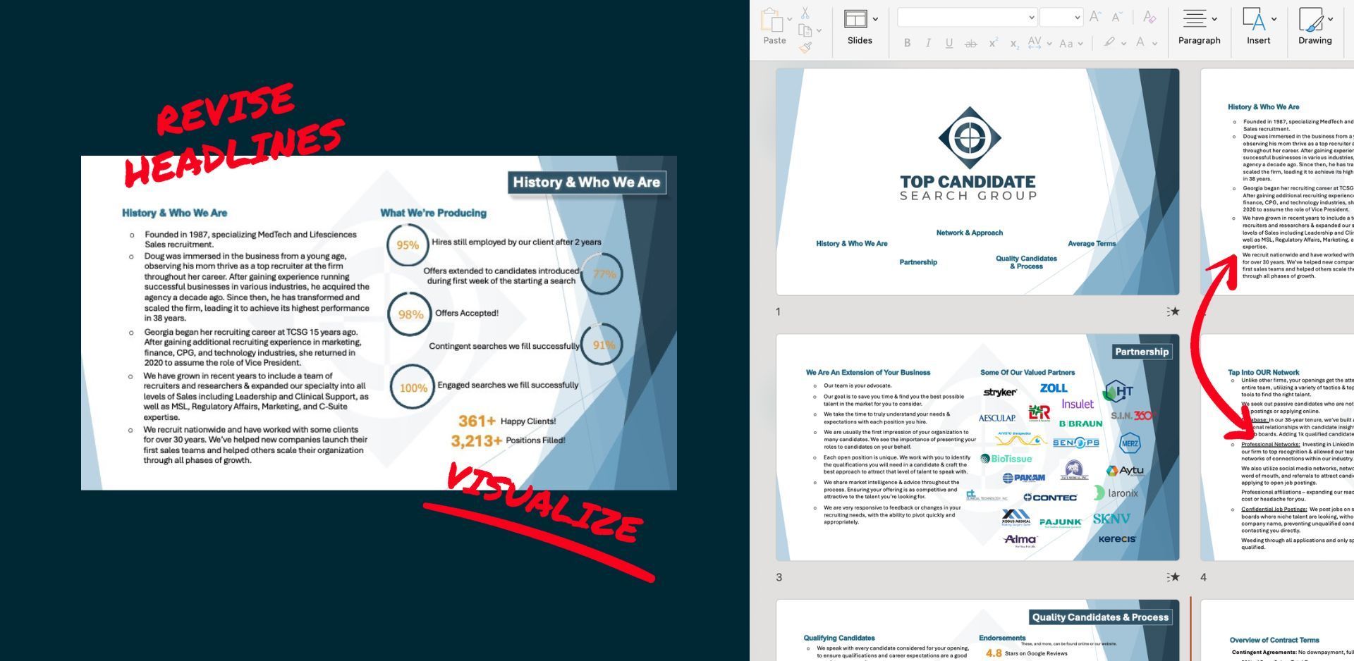 Annotated document layout with red “revise” notes and arrows highlighting changes between page versions