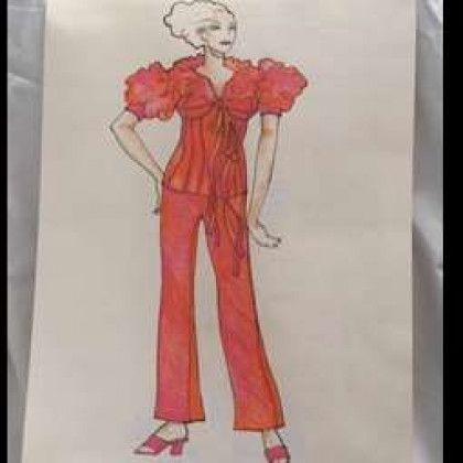 A drawing of a woman wearing a red top and red pants