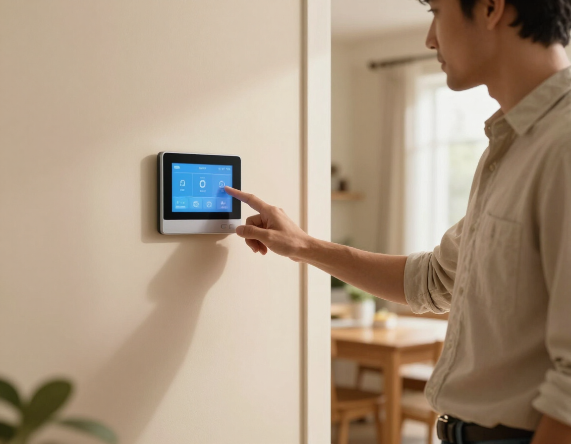 Homeowner interacting with a modern smart thermostat