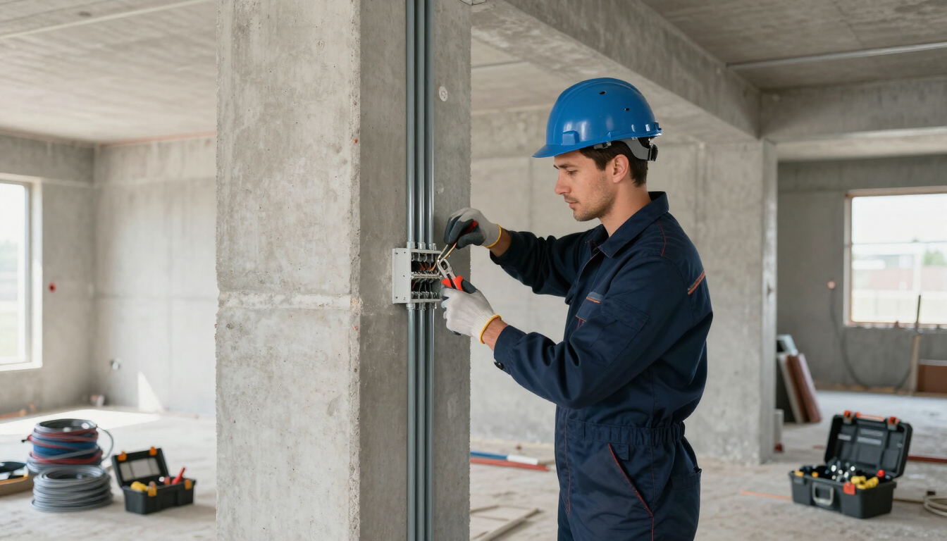 Pro Mechanical electrician installing wiring in commercial new construction