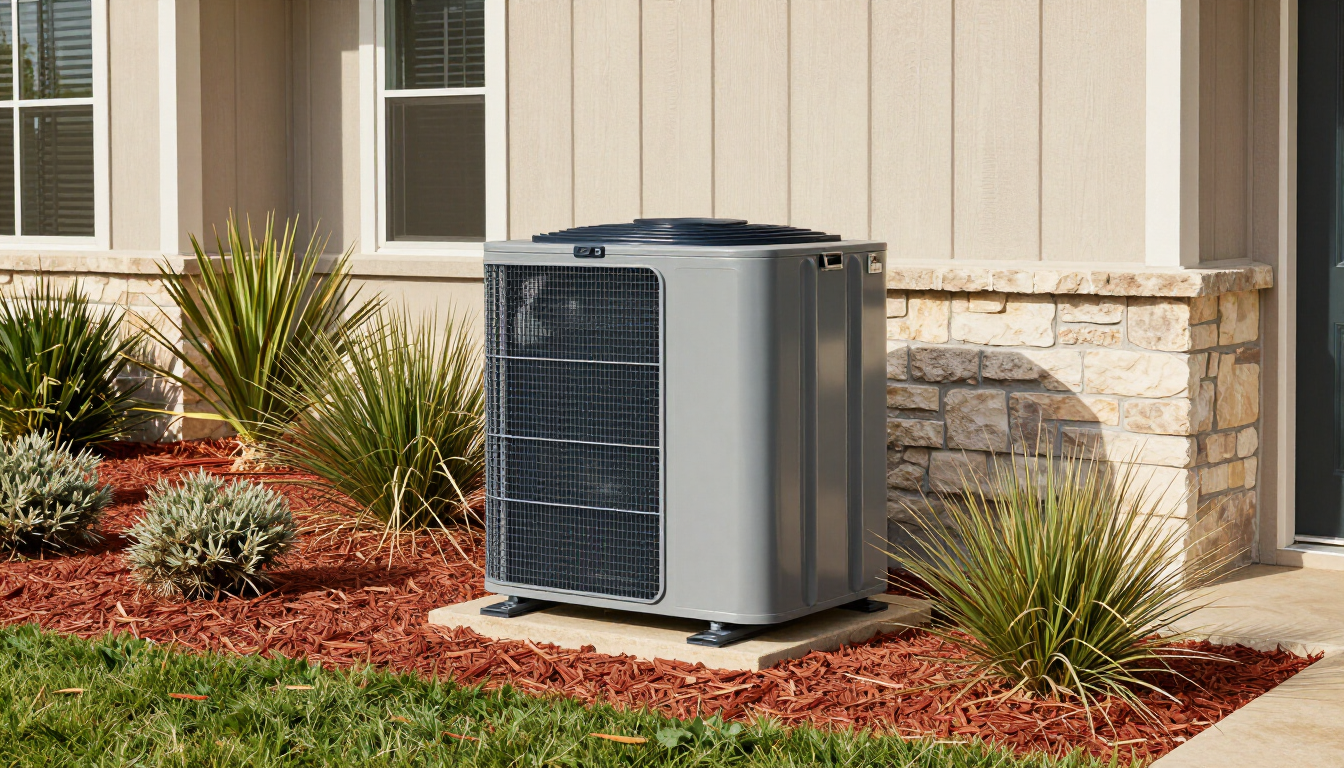Residential heat pump outdoor condenser unit installed beside home