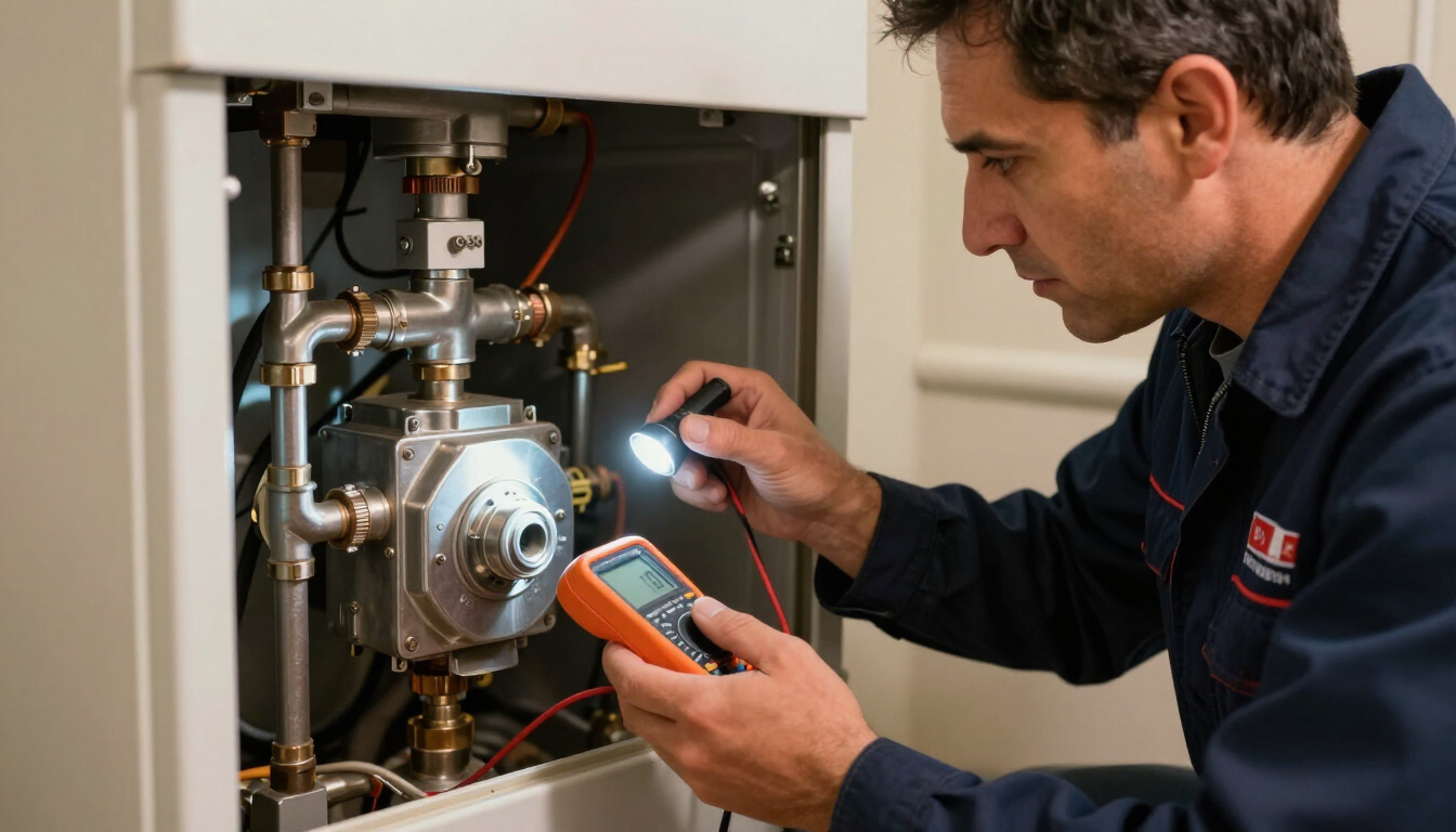 Licensed technician inspecting residential gas furnace