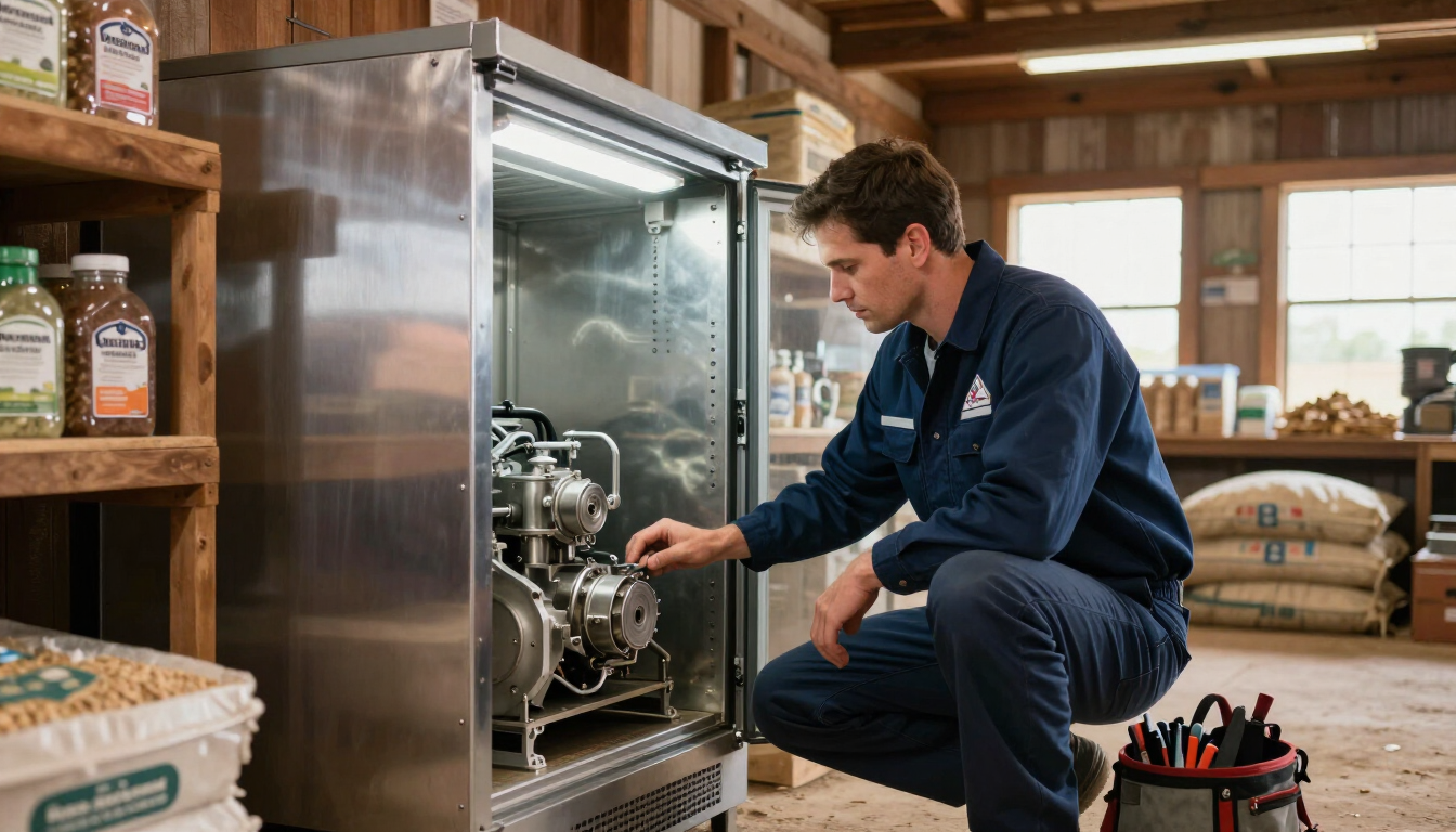 Pro Mechanical technician servicing commercial refrigeration at a De Leon area business
