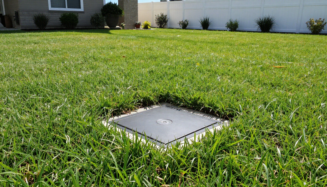 Lush green grass patch near a sewer cleanout - a common sign of an underground sewer leak