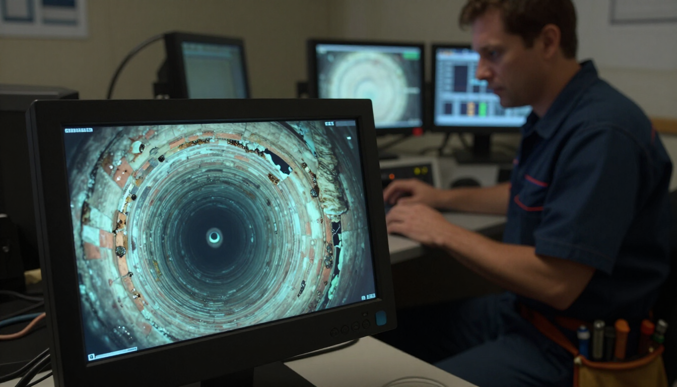Technician reviewing sewer camera inspection footage on a monitor
