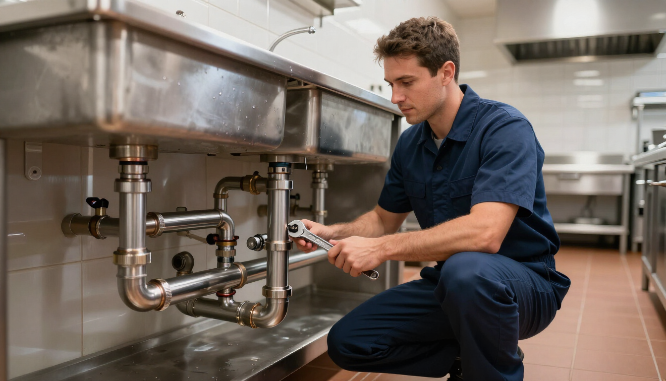 Commercial kitchen plumbing installation by licensed technician