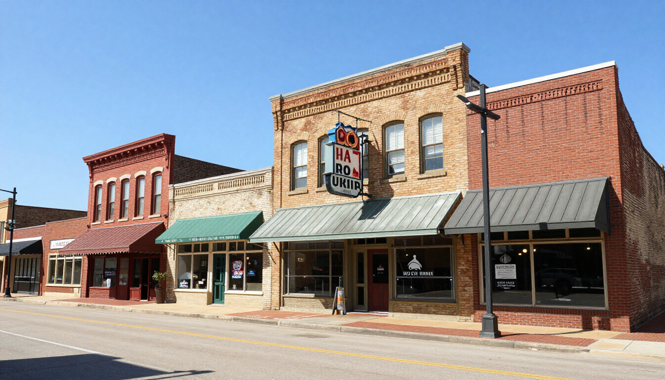 Historic downtown Hico, TX main street with brick storefronts and vintage signage