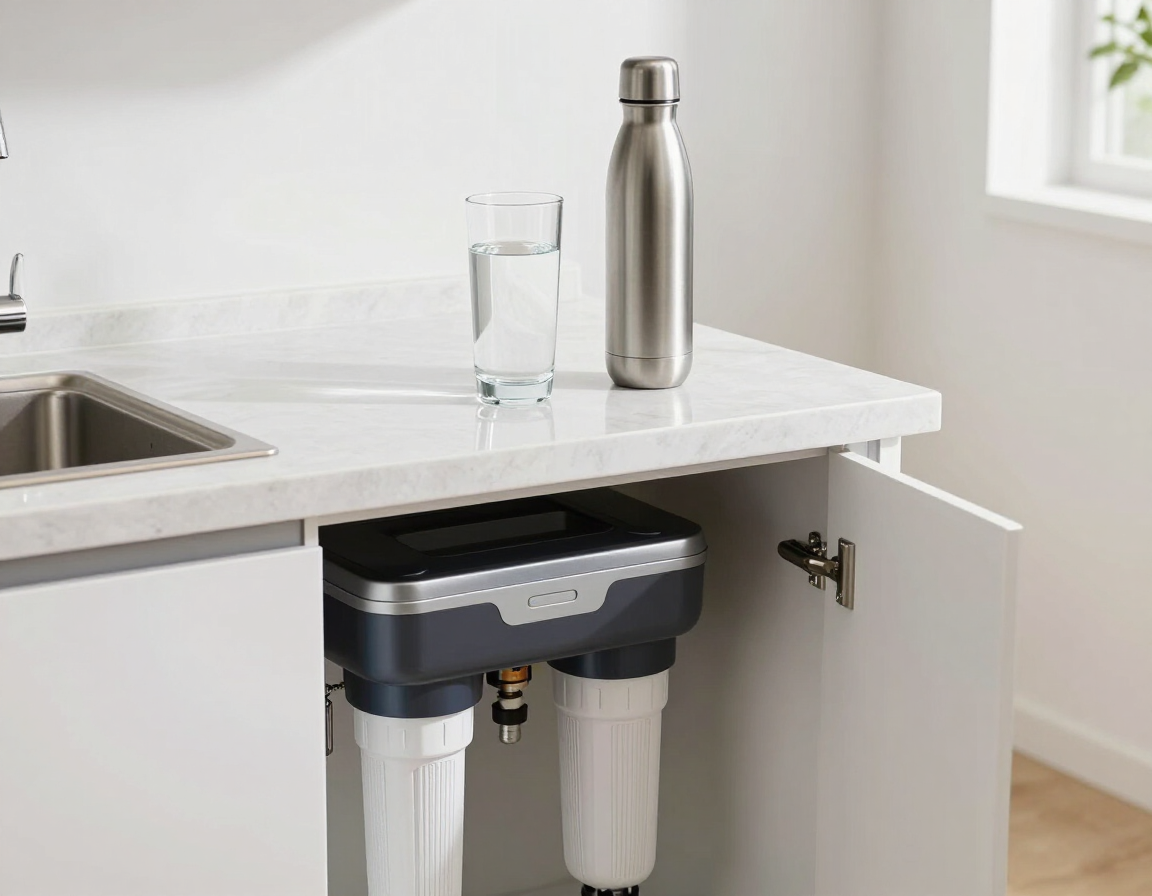 Glass of clean water beside a stainless steel bottle with a filtration system visible under the kitchen sink