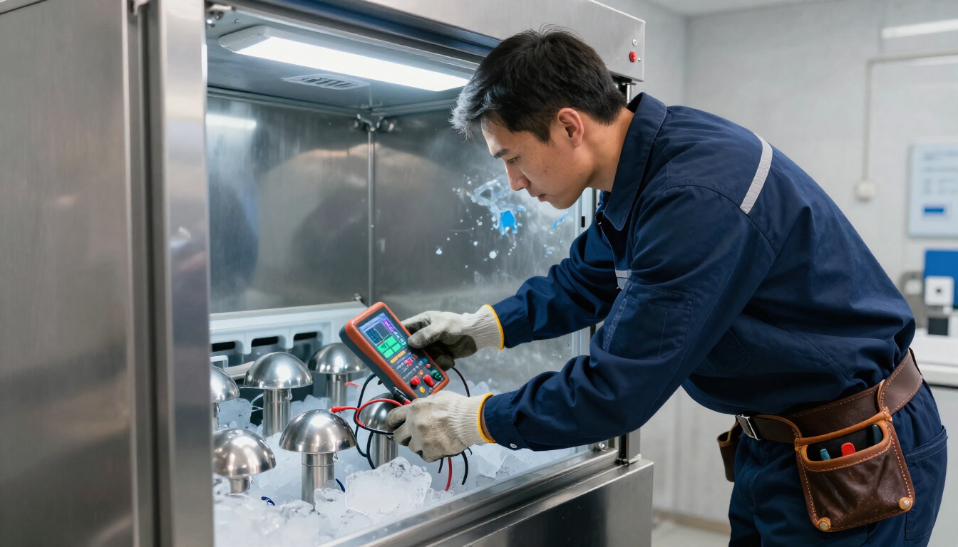 Technician using diagnostic tools on a commercial ice machine