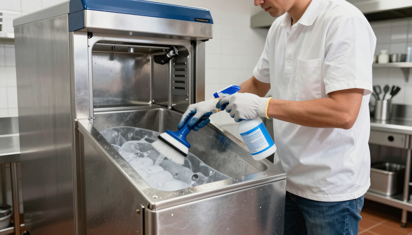 Technician cleaning the interior of a commercial ice machine bin