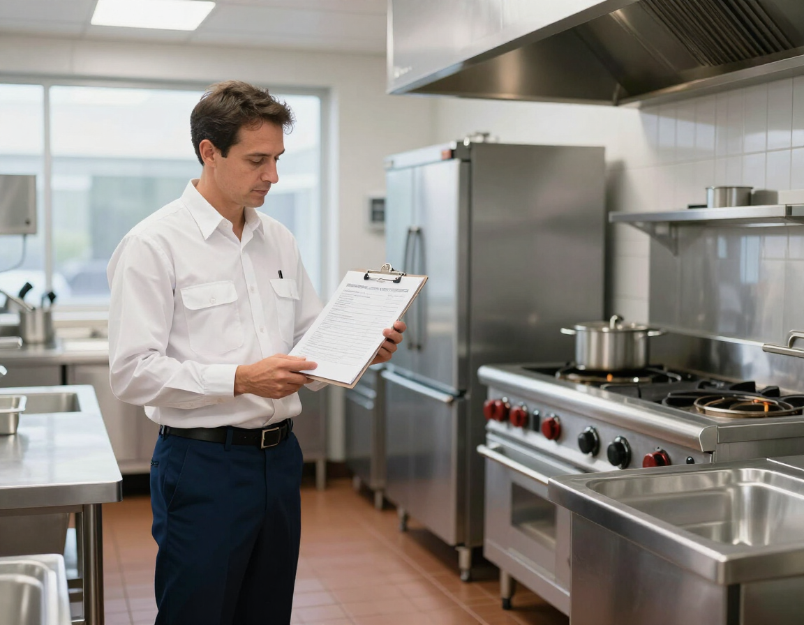 Health inspector reviewing compliance records in a commercial kitchen