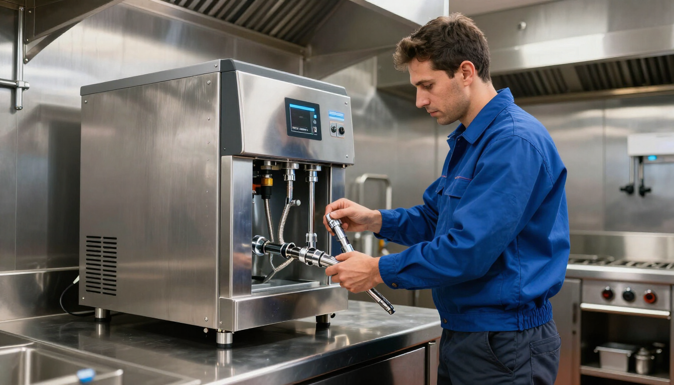 Technician connecting water lines to a new commercial ice machine
