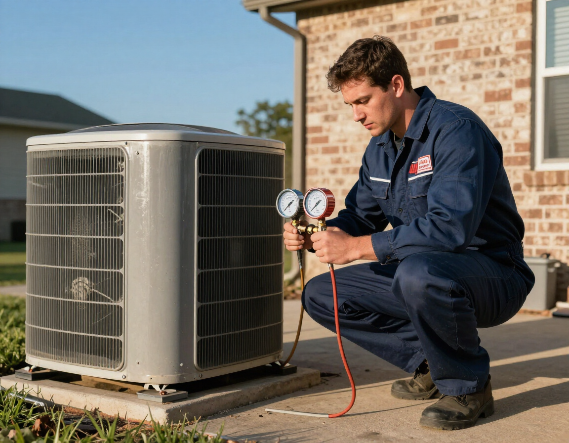 HVAC technician repairing residential AC condenser unit