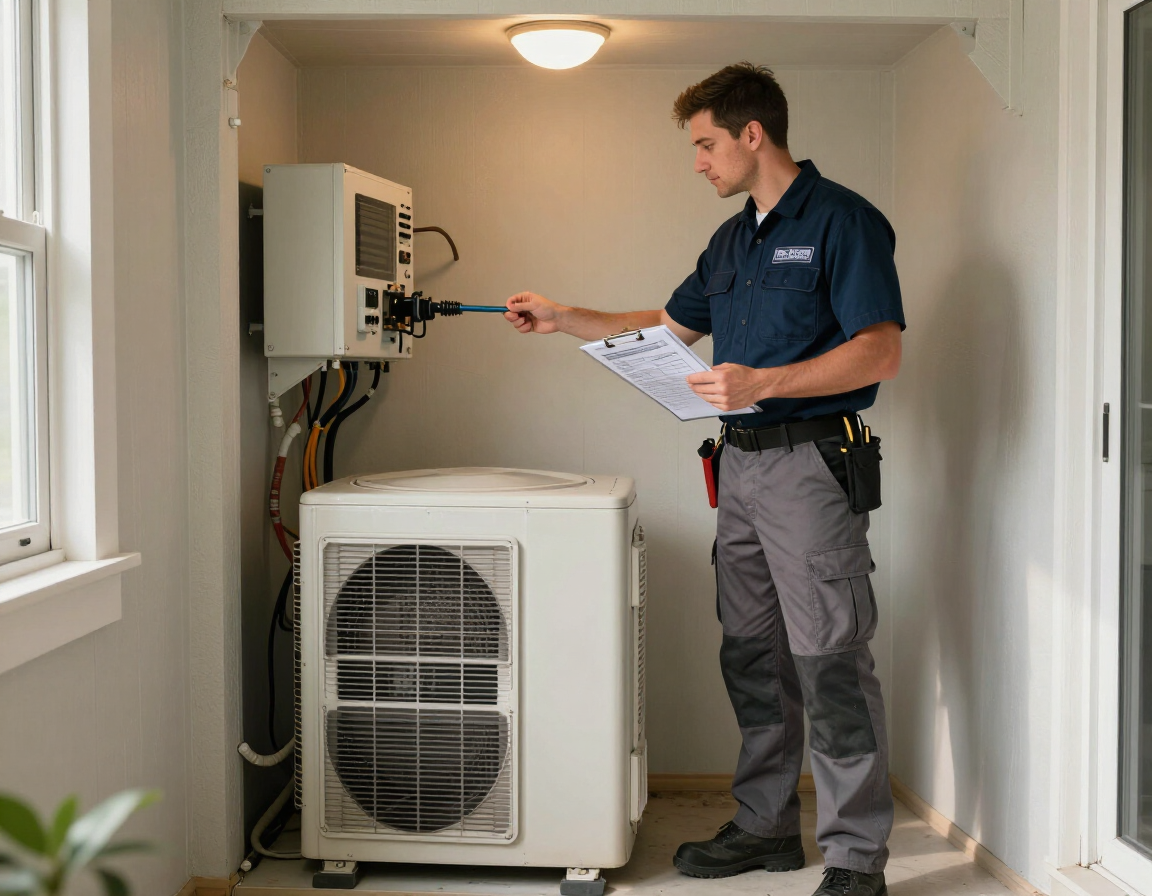 HVAC technician performing annual AC maintenance inspection