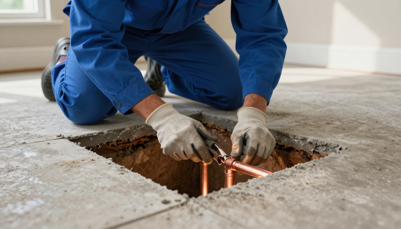 Plumber performing slab leak spot repair with access to copper pipe